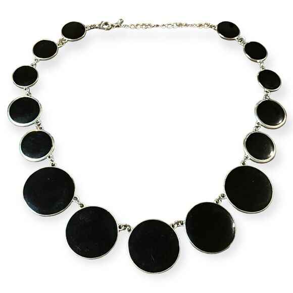 Unbranded Jewelry - Vintage‎ Silver Tone Black Enamel Coin Disc Station 21" Statement Chain Necklace